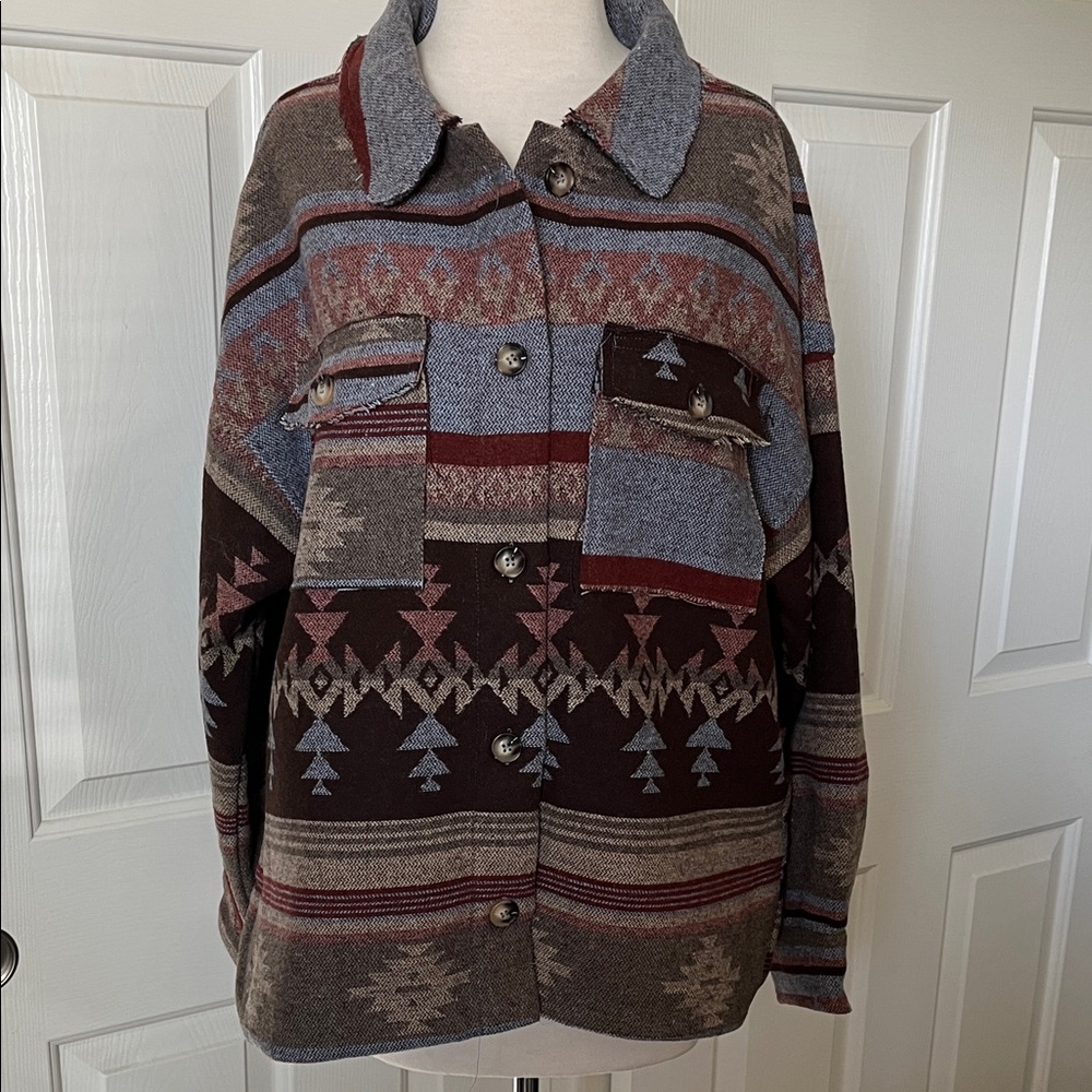 New In Aztec Western Button Down Oversized Jacket - Picture 5 of 13